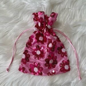 Pouch Pink Satin Sequin Drawstring Floral